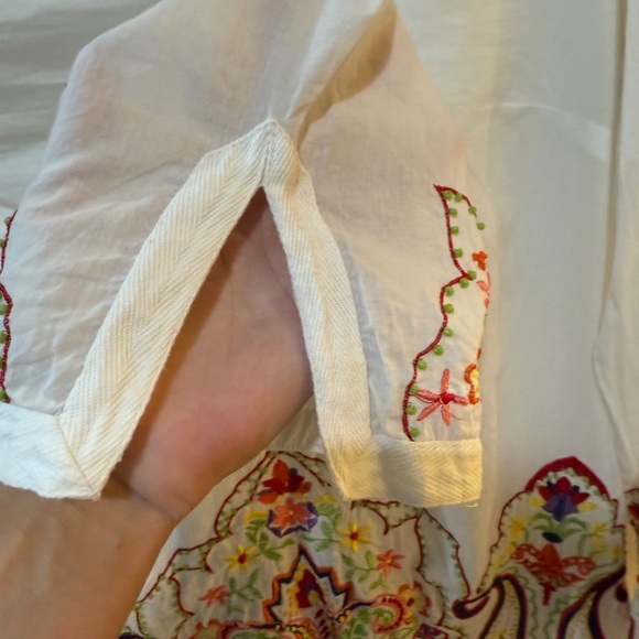 White Embroidered Tunic Mandarin Collar Embroidery 100% Cotton Vacation Cruise - Picture 7 of 7